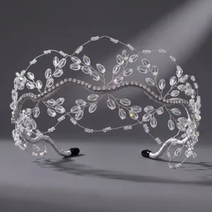 Elegant handmade crystal beaded bridal headband with silver wire mesh design