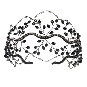 Elegant black crystal beaded bridal headband with intricate handmade mesh branch design