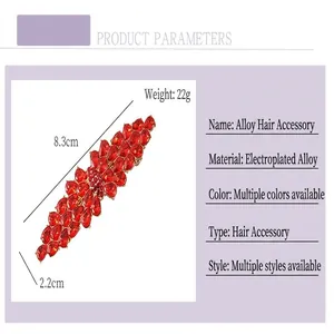 Detailed product parameters for red rhinestone hair clip including size and weight