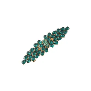 Elegant leaf-shaped barrette hair clip with emerald green zirconia on gold-tone base