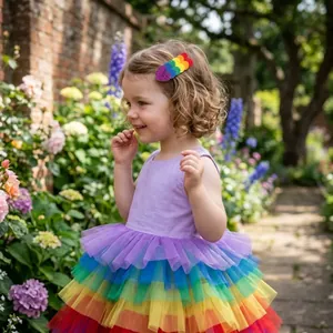 Close-up of a child wearing a glittery rainbow heart hair clip in a garden