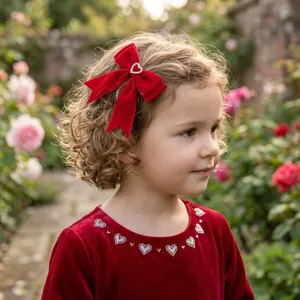Elegant red velvet bow hair clip with a sparkling rhinestone heart on a young girl's hair.