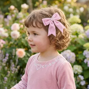 Adorable little girl wearing a pink velvet bow hair clip with a sparkly heart detail.