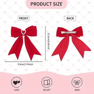 Red velvet bow hair clip with pearl heart ornament showing size dimensions for girls