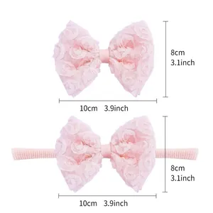 Detailed dimensions of pink lace rose bow headband and hair clip set for young girls