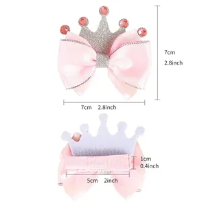 Detailed dimensions for pink princess crown bow hair clip showing 7cm x 7cm size