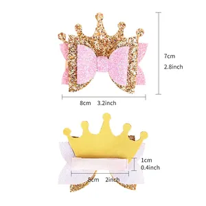 Detailed size specifications for glitter crown and bow hair clips for children's hair.