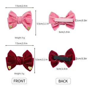 Size guide for heart sequin velvet bow hair clips for kids in pink and burgundy