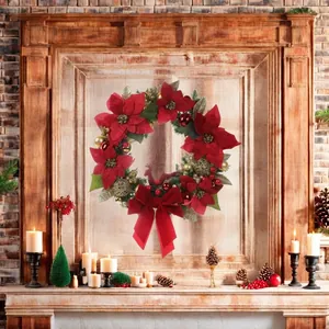 Christmas Wreath With Red Poinsettia Flowers Gold Balls Reindeer Red Velvet Bow Door Wall Hanging Decor Festive Plastic