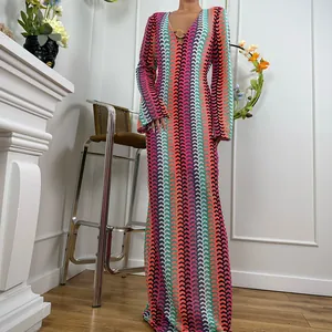 Full view of slim fit V-neck maxi dress with vibrant geometric chevron pattern