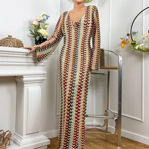 Elegant slim fit long sleeve maxi dress with a colorful wavy knit pattern and V-neckline