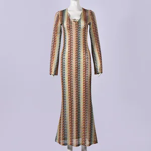 Slim fit V-neck long sleeve maxi dress with a vibrant multi-color zigzag knit pattern