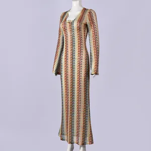 Detail view of slim fit V-neck knit maxi dress with colorful zig-zag wave pattern