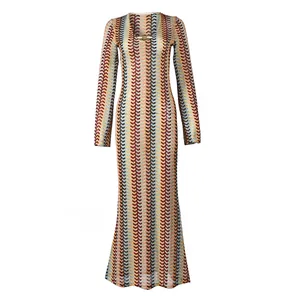V-neck long sleeve slim fit maxi dress featuring a colorful zigzag chevron knit pattern