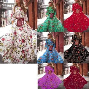 Damen Böhmisches Bedrucktes Maxikleid Floral Rundhals Großes Schwungkleid Mit Gürtel Taillentasche Lässig Urlaubsoutfits