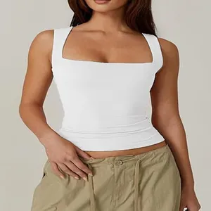 Nahaufnahme weißes ärmelloses Top mit quadratischem Ausschnitt für Damen
