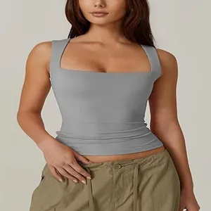 Eng anliegendes graues ärmelloses Tanktop mit Karree-Ausschnitt für Street-Style