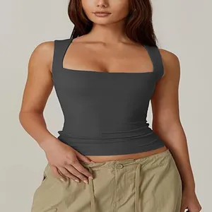 Schickes dunkelgraues ärmelloses Tanktop mit quadratischem Ausschnitt für Damen.