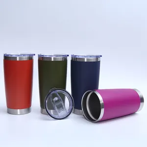 Close-up of 20oz stainless steel tumblers in multiple colors with a clear plastic lid.