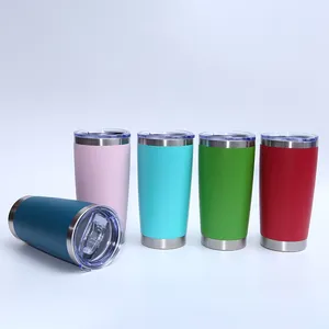Detailed view of colorful 20oz stainless steel insulated tumblers on white base