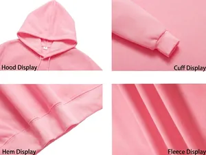 Vues détaillées du sweat-shirt rose : capuche, poignets, ourlet et doublure polaire