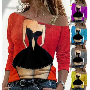 Women's elegant off-shoulder long sleeve top with stylish fashion lady graphic print