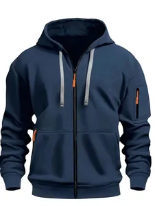 Detailed view of a dark blue men's zip-up hoodie featuring orange zipper pulls
