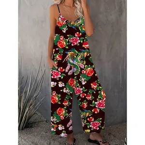 Women Summer Floral Phoenix Print Camisole Jumpsuit Loose Wide Leg Pants With Pockets Casual Vacation Sleeveless Jumpsuit