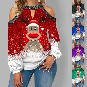 Women's Christmas cold shoulder long sleeve top with reindeer and snowflake print