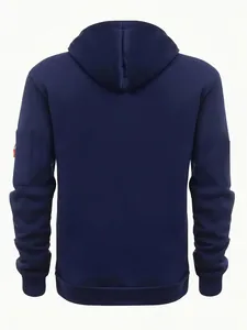 Detailed back view of a navy blue men's fleece-lined zip-up hoodie with sleeve pocket