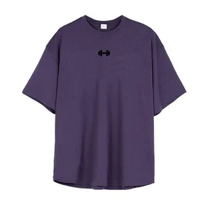 Detailed view of breathable purple mesh gym t-shirt with centered black barbell icon