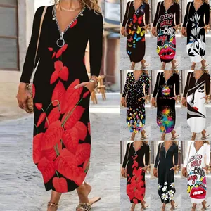 Elegant womens long sleeve maxi dress with zipper V-neck and colorful graphic prints
