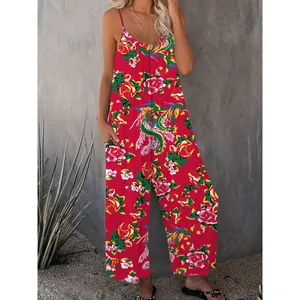 Bohemian floral print loose casual cami jumpsuit with wide leg and side pockets