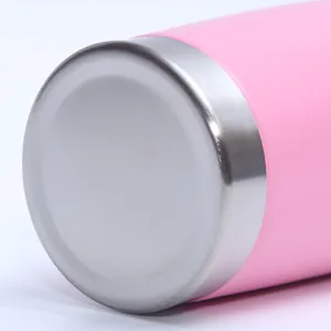 Close-up view of the durable brushed stainless steel bottom on a pink 20oz car tumbler.