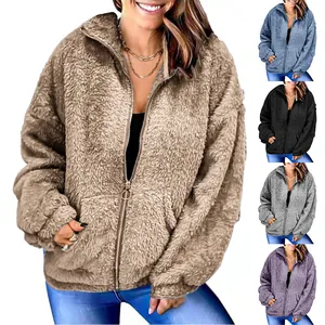 Cozy women's oversized fuzzy teddy jacket available in multiple colors with zip front