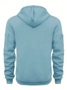 Back view of a trendy men's light blue fleece hooded sweatshirt with sleeve pocket