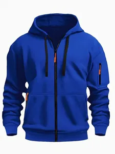Full view detail of a blue men's zip-up hoodie featuring orange accents and loose fit