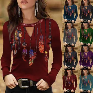 Colorful feather print long sleeve top for women with rhinestone neckline cutout