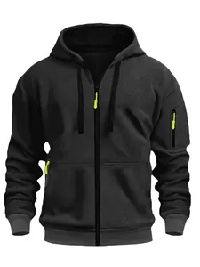Detailed view of a men's dark grey zip-up hoodie featuring neon green zipper pulls