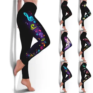 High-waist women's fitness leggings with colorful musical note and vibrant star prints