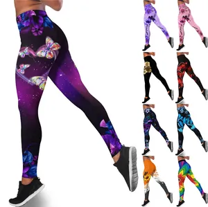 Stretchy high-waisted women's yoga leggings with vibrant butterfly and floral prints