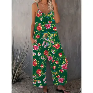 Vibrant summer floral print women's loose casual camisole jumpsuit with side pockets
