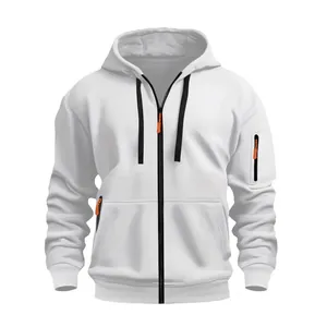 Men's white zip-up hoodie featuring black drawstrings and tactical orange zippers