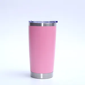 Detailed side view of 20oz pink stainless steel insulated tumbler with transparent lid.
