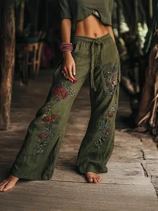 Pantalon Décontracté Large pour Femmes Imprimé Floral Bohème Cordon de Serrage Taille Élastique Pantalon Évasé Vacances