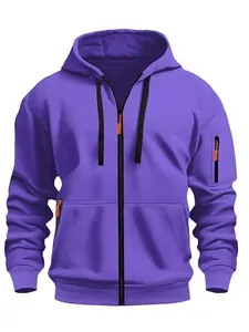 Detailed front view of a purple zip-up hoodie with orange accents and hooded collar.
