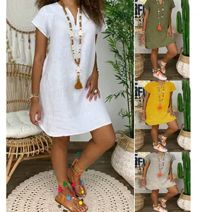 Bohemian V-neck short sleeve linen mini dress in multiple colors for summer wear