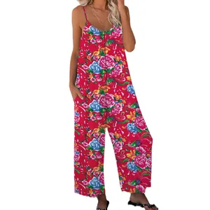Vibrant red floral print wide-leg jumpsuit with spaghetti straps and side pockets