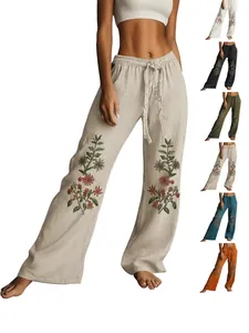 Pantalon large à imprimé fleuri pour femme avec cordon de serrage en plusieurs couleurs
