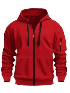 Red men's zip-up hoodie with black drawstrings and arm pocket detail